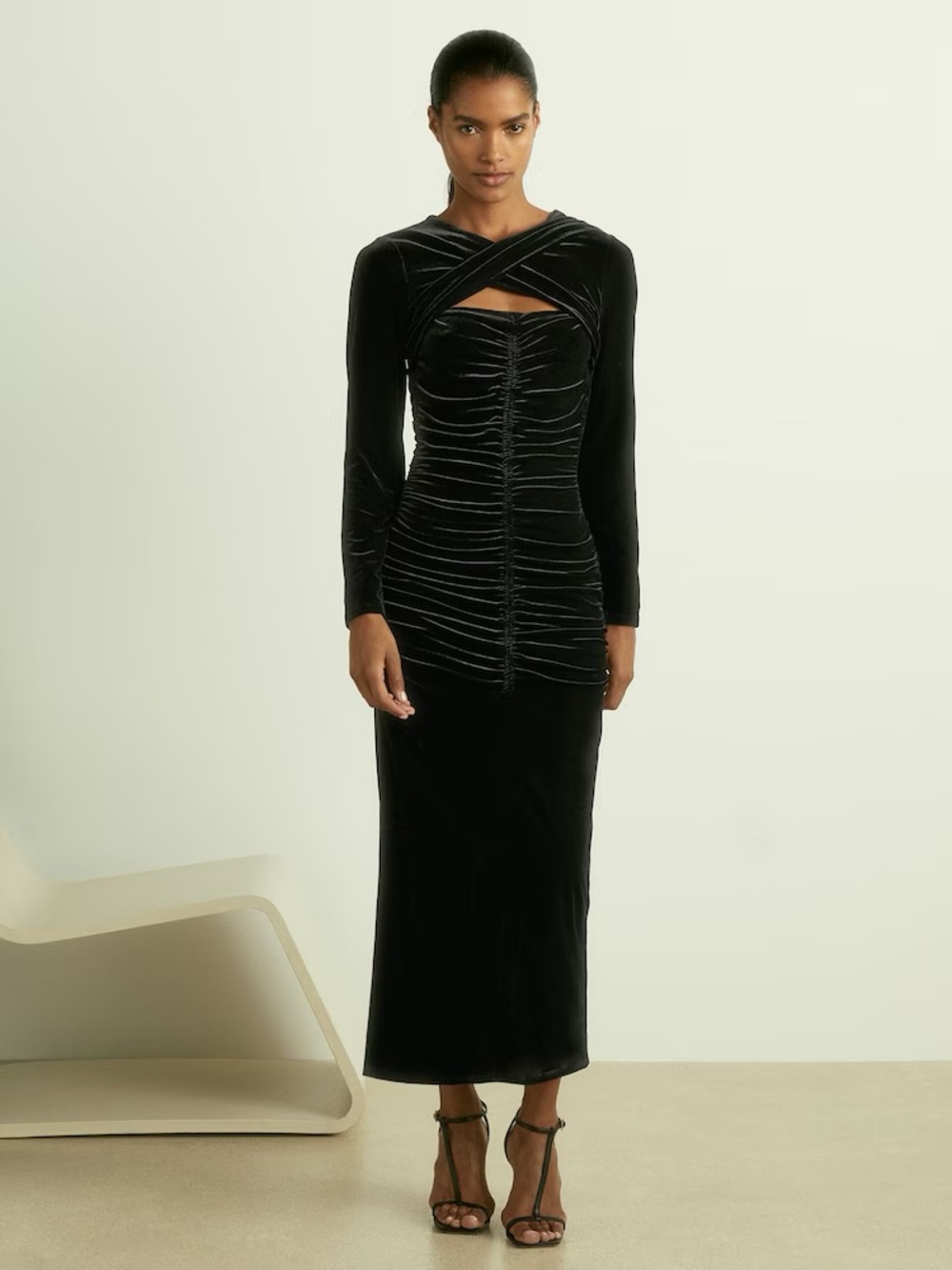 Reiss Sia Ruched Velvet Long Sleeve Dress